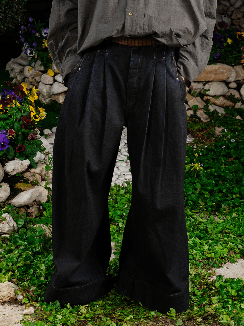 Wide-Legged Wax Coated Denim