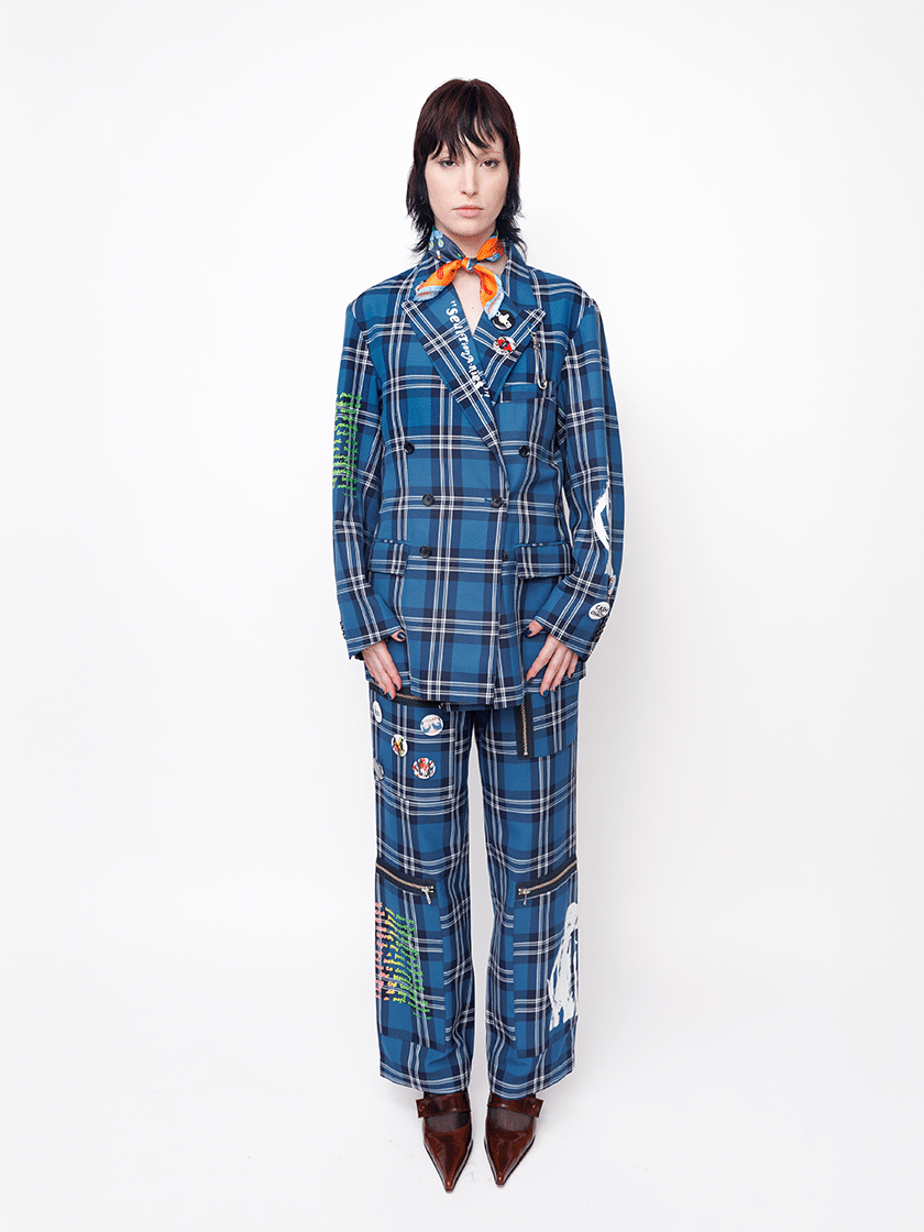 Multi-Zip Tartan Pants Blue