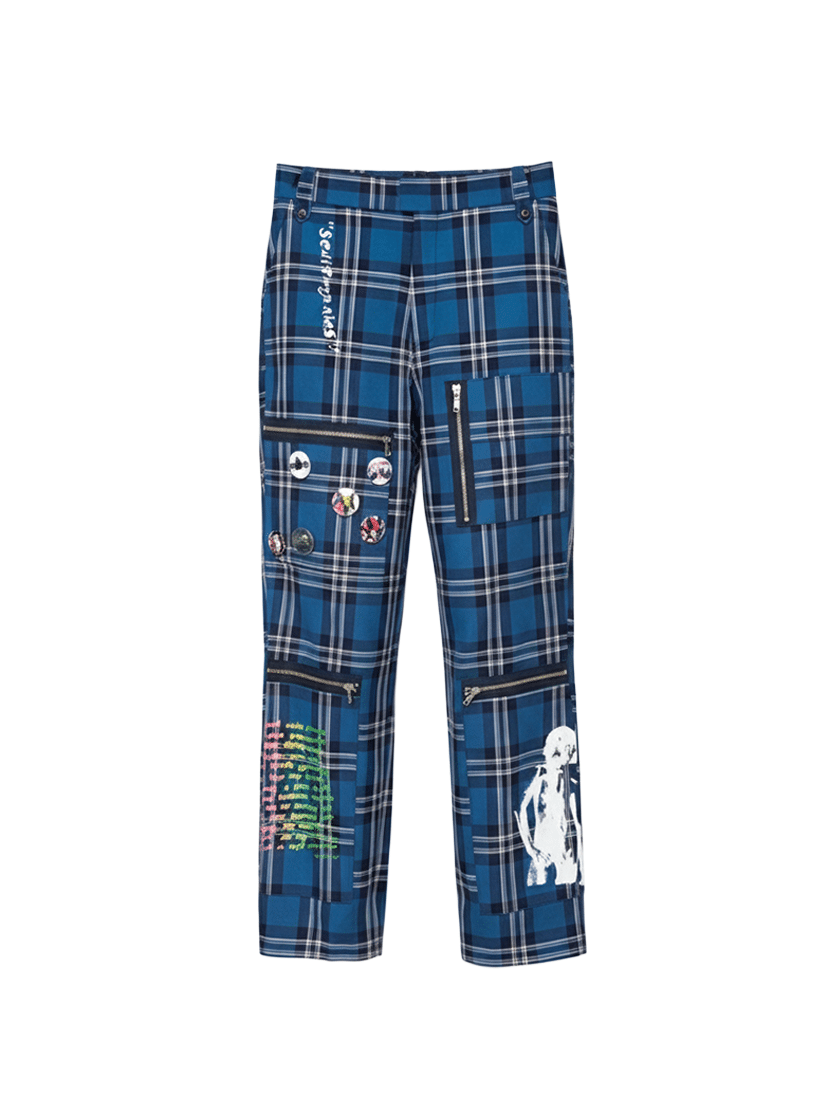 Multi-Zip Tartan Pants Blue
