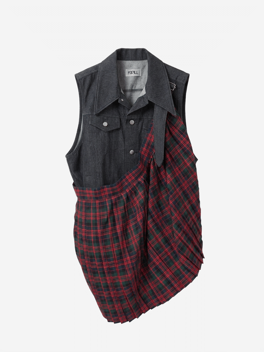 Pleat Skirt Denim Vest