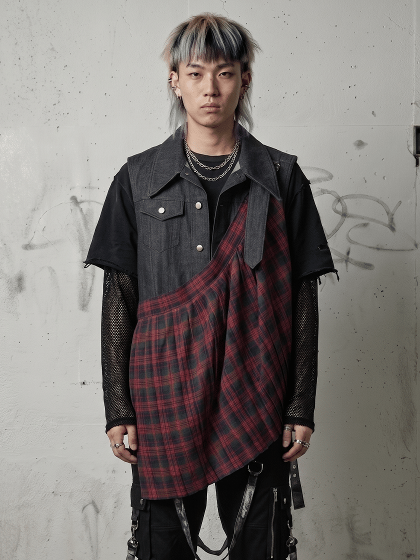 Pleat Skirt Denim Vest