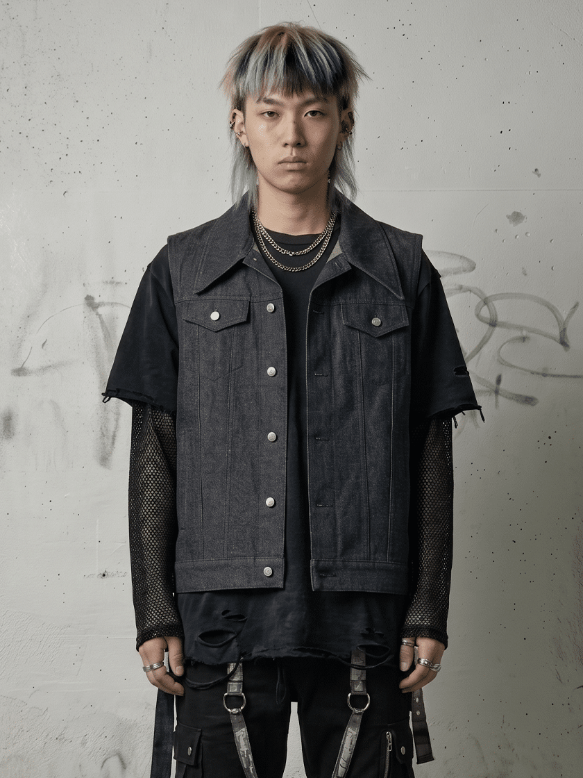 Pleat Skirt Denim Vest
