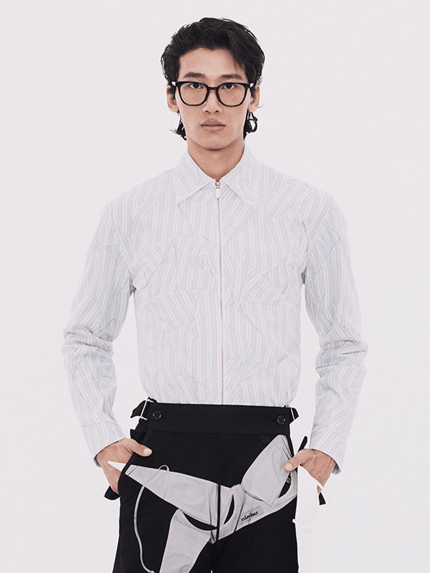 Crinkled Overlay Zip Shirt Beige