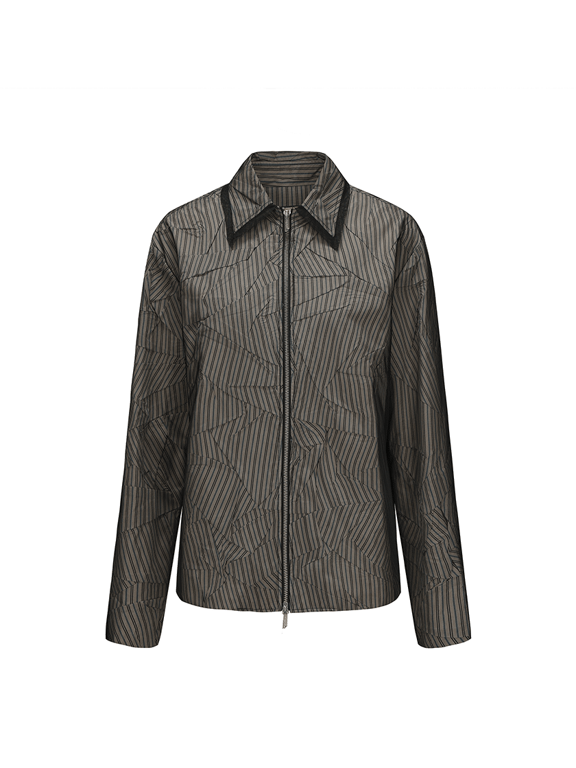 Crinkled Overlay Zip Shirt Gray