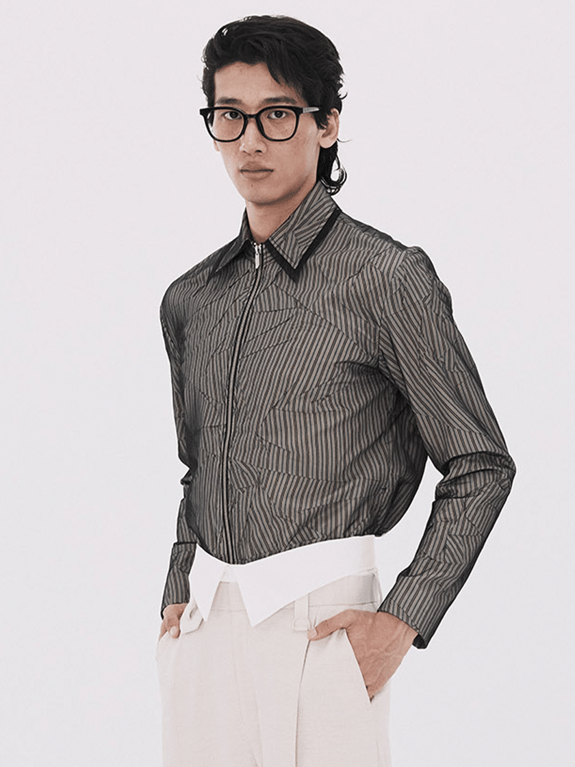 Crinkled Overlay Zip Shirt Gray
