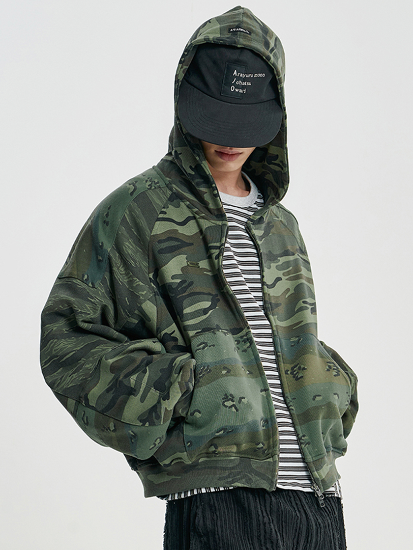 Cropped Mixed Zip-Up Hoodie Camo