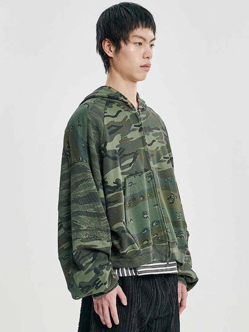 Cropped Mixed Zip-Up Hoodie Camo