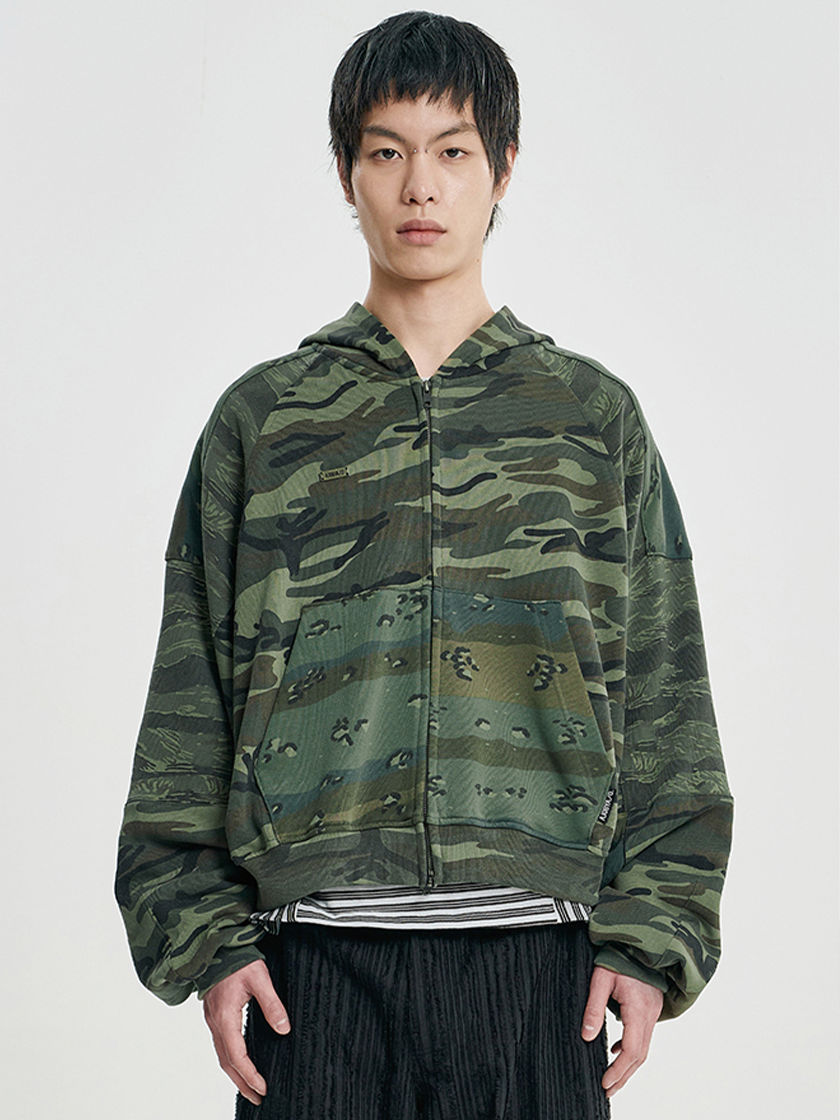 Cropped Mixed Zip-Up Hoodie Camo
