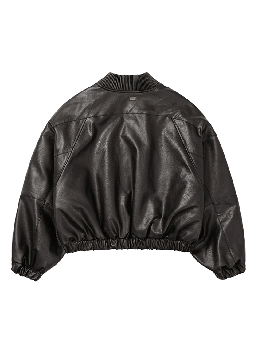 Faux Leather Ribbed Collar Blouson