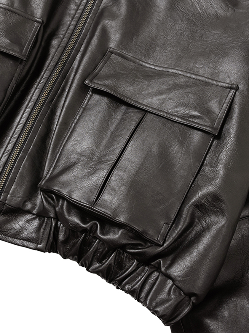 Faux Leather Ribbed Collar Blouson
