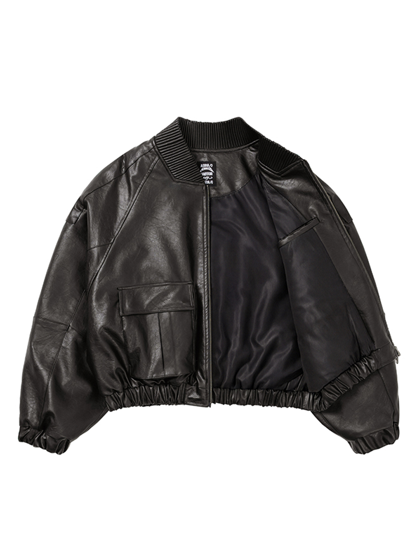 Faux Leather Ribbed Collar Blouson
