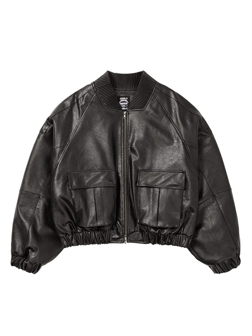 Faux Leather Ribbed Collar Blouson
