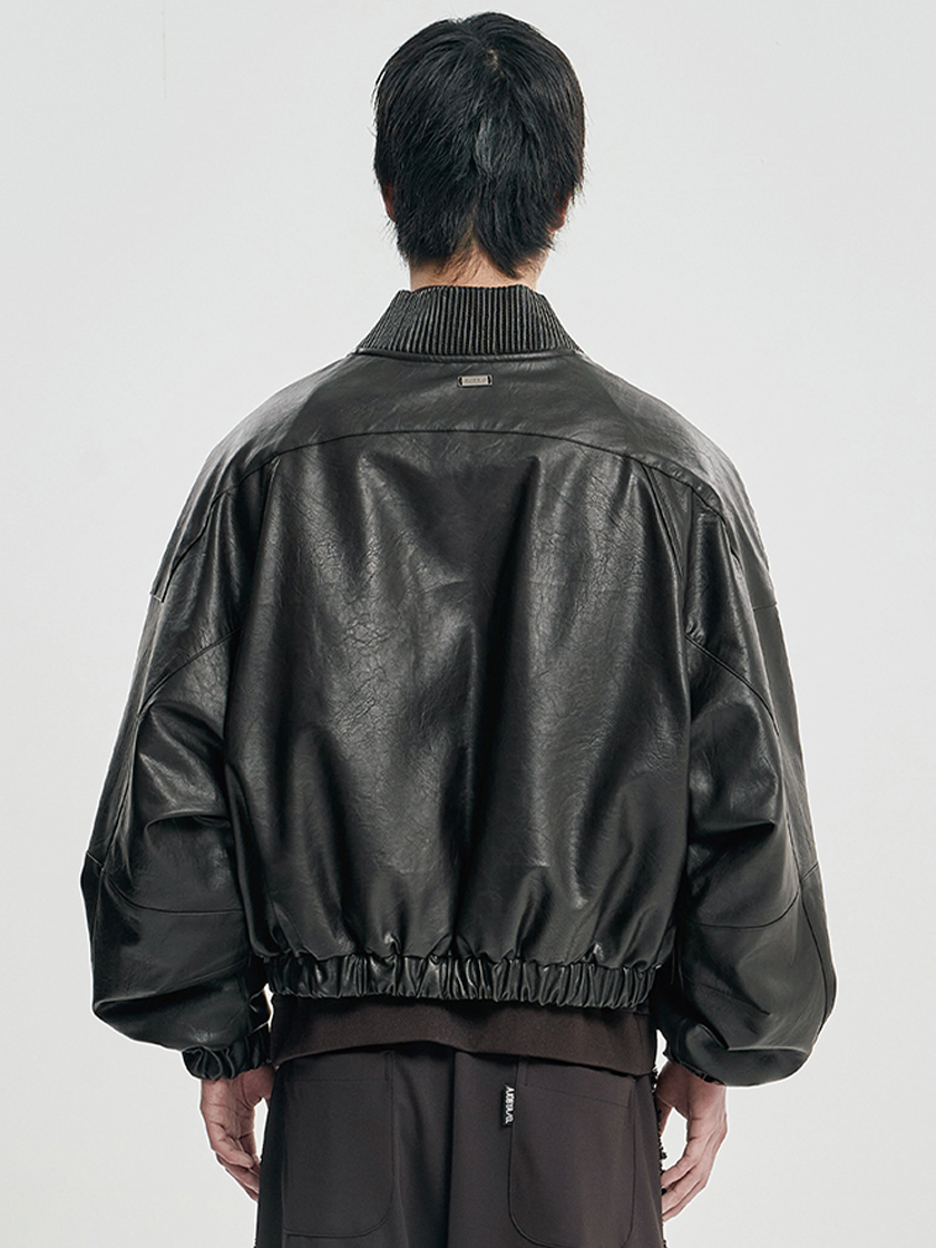 Faux Leather Ribbed Collar Blouson
