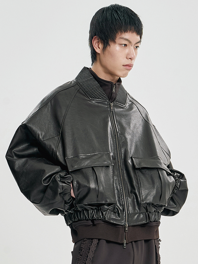 Faux Leather Ribbed Collar Blouson