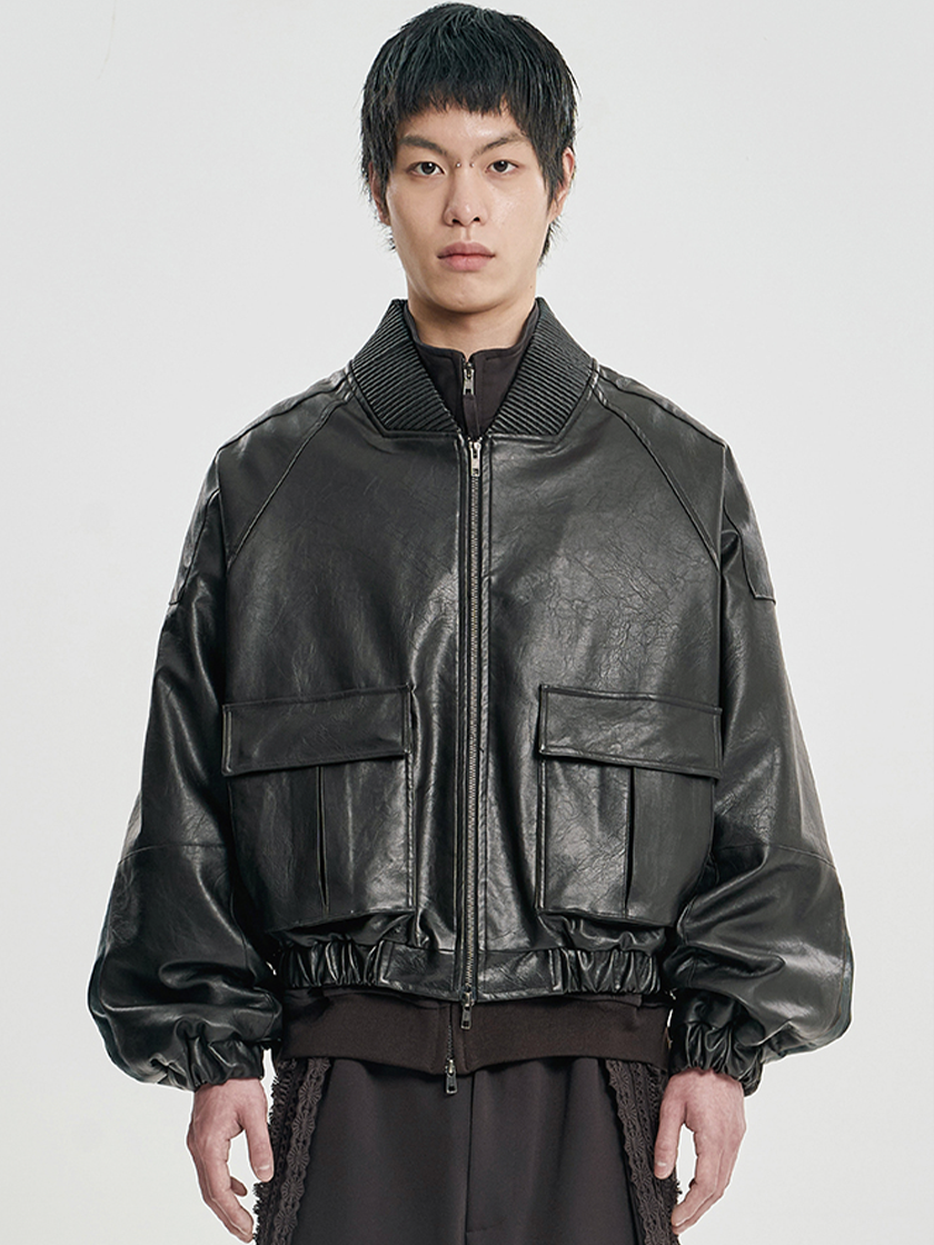 Faux Leather Ribbed Collar Blouson